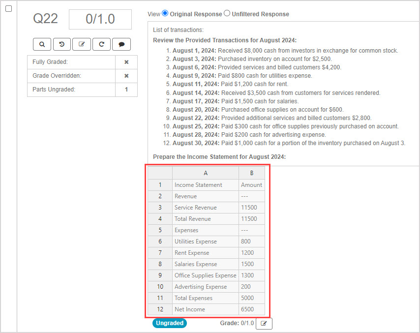 The students completed Spreadsheet is embedded under the rest of the question text.